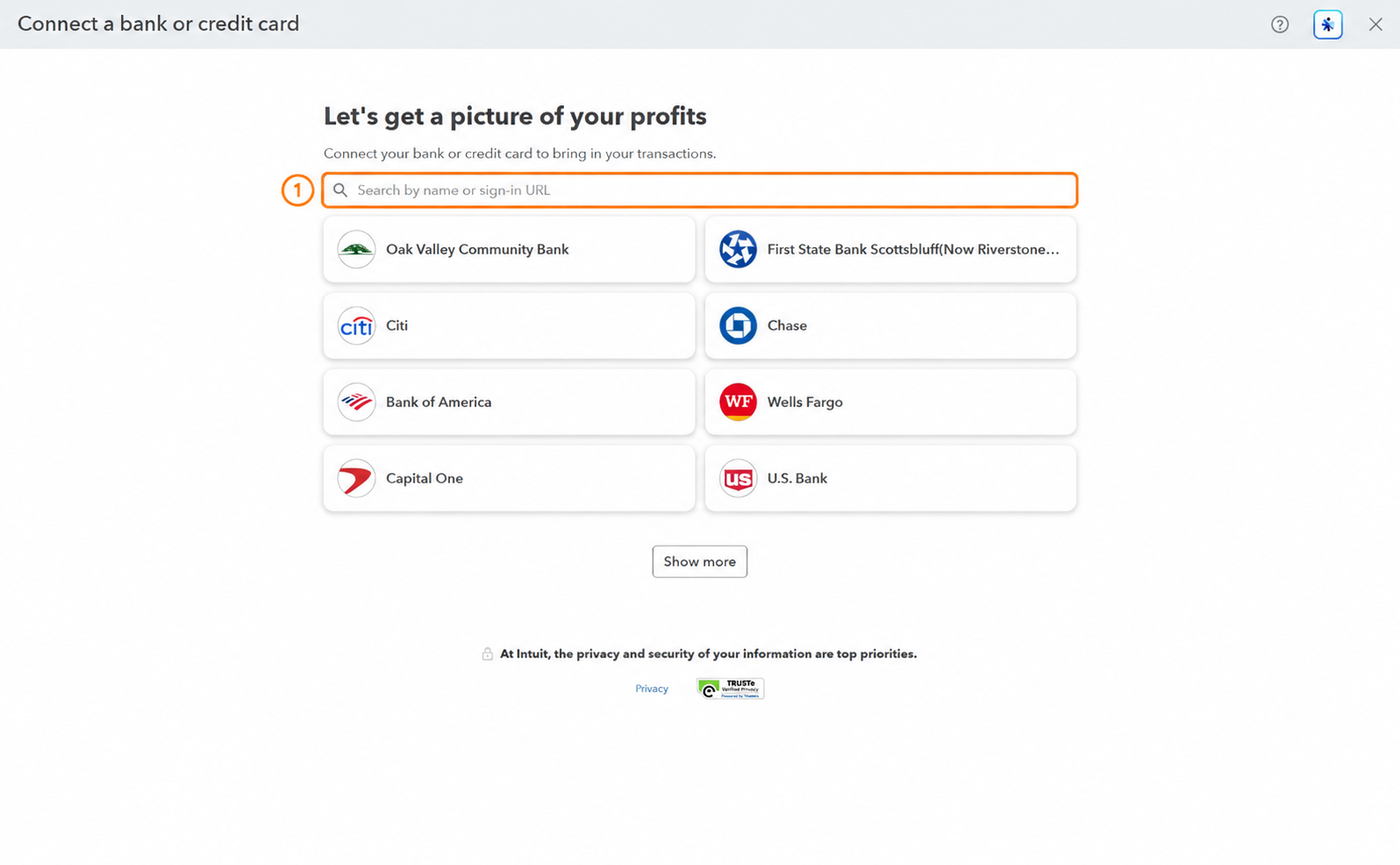 QuickBooks bank connection screen with the bank search field outlined.