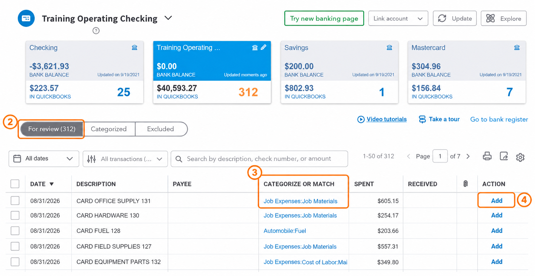 Sample QuickBooks bank review screen highlighting For review, the category, and Add.