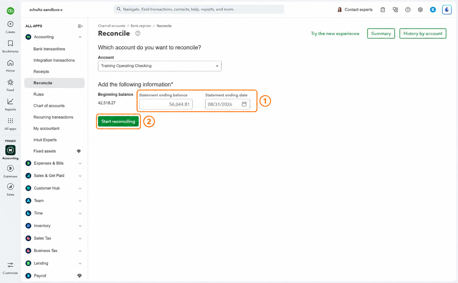 QuickBooks reconciliation setup with ending balance and closing date highlighted.