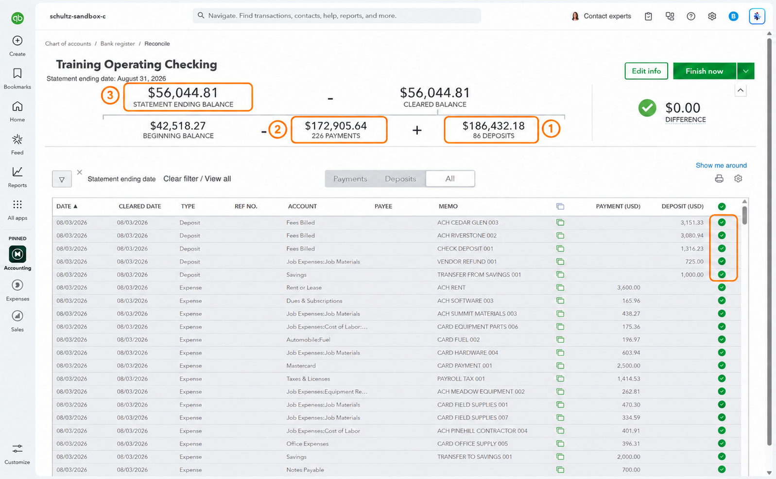 Completed QBO selections with deposits, payments, and statement ending balance highlighted.