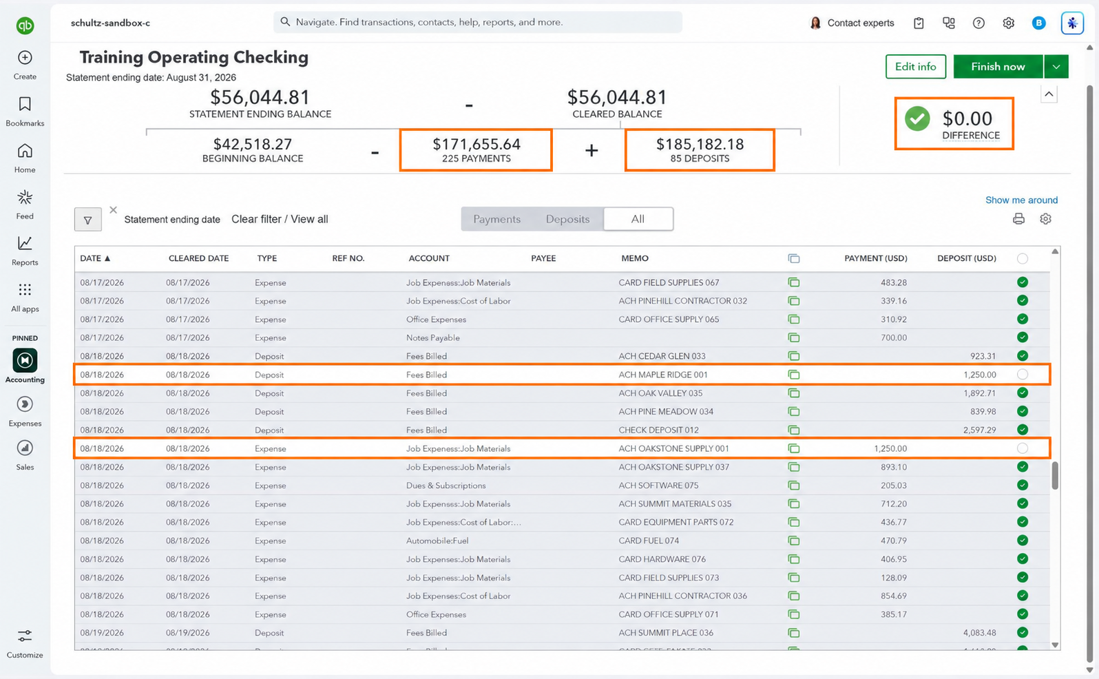 Two unchecked $1,250 transactions leave deposits and payments understated while QBO still shows a zero difference.