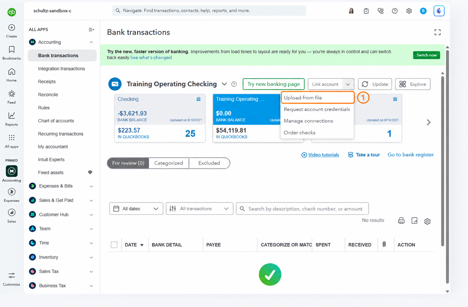 QuickBooks Bank transactions screen with the Link account menu open, showing Upload from file.