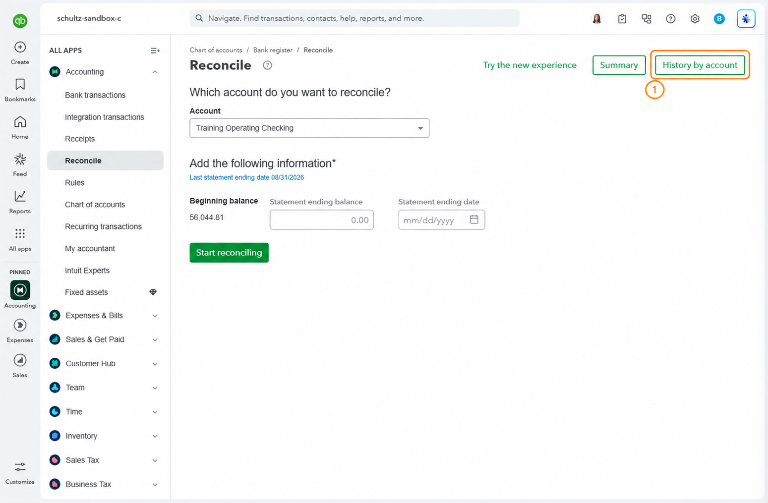 QuickBooks Reconcile screen showing the Summary and History by account buttons above the account selection.