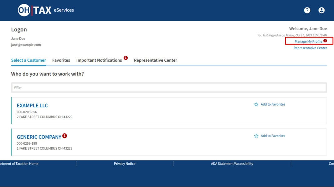 OH|TAX eServices business dashboard with Manage My Profile highlighted