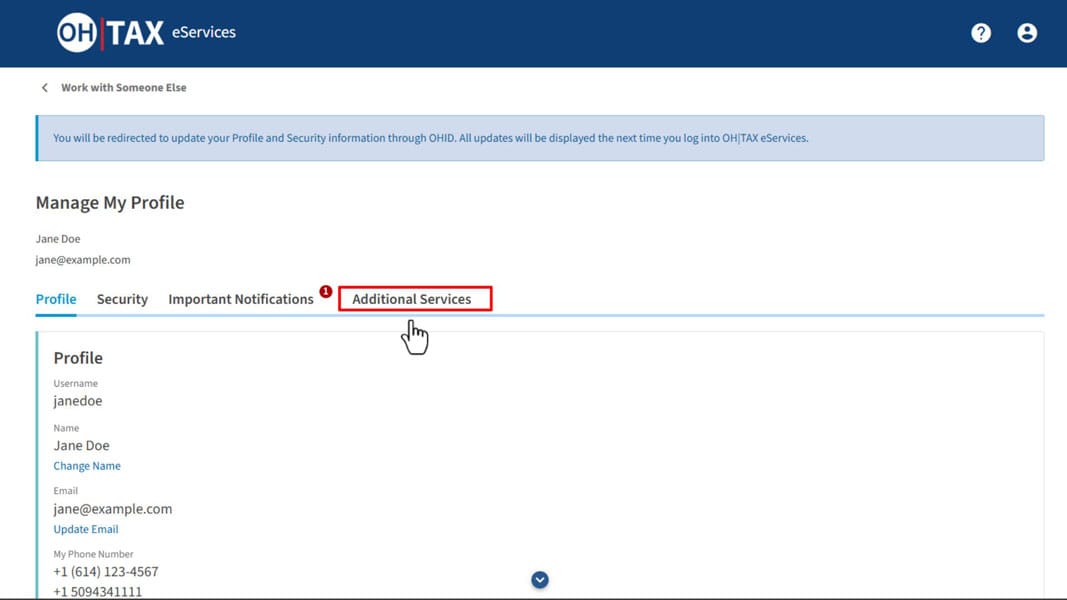 Manage My Profile page with the Additional Services tab highlighted