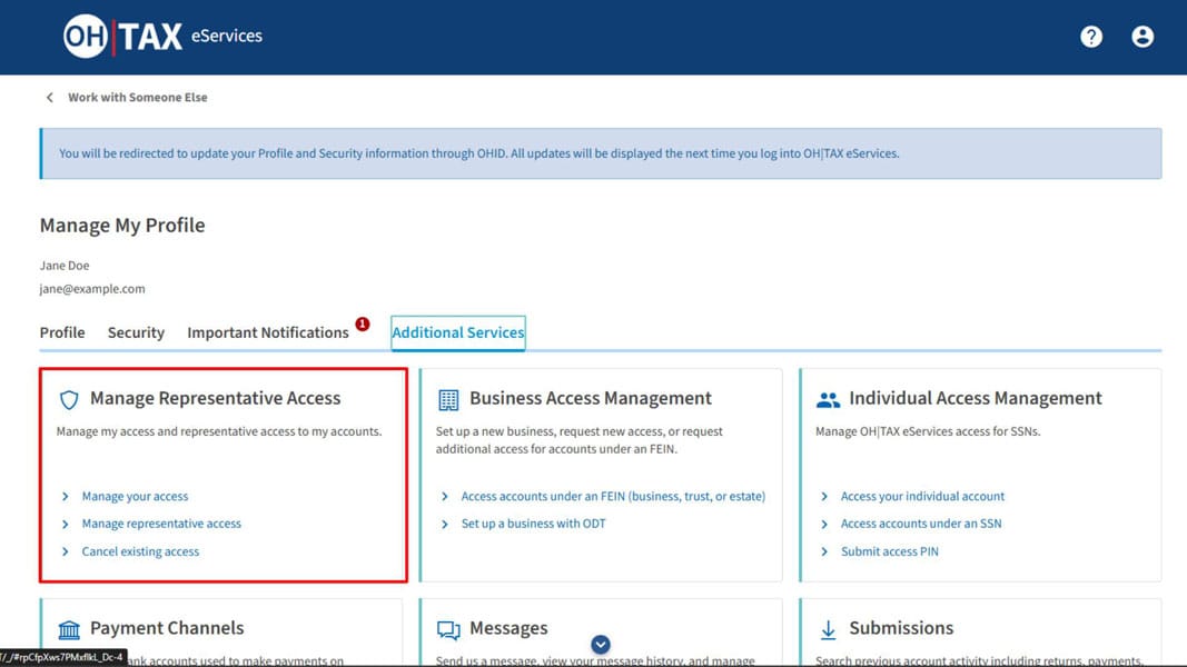 Manage Representative Access tile on the Additional Services tab