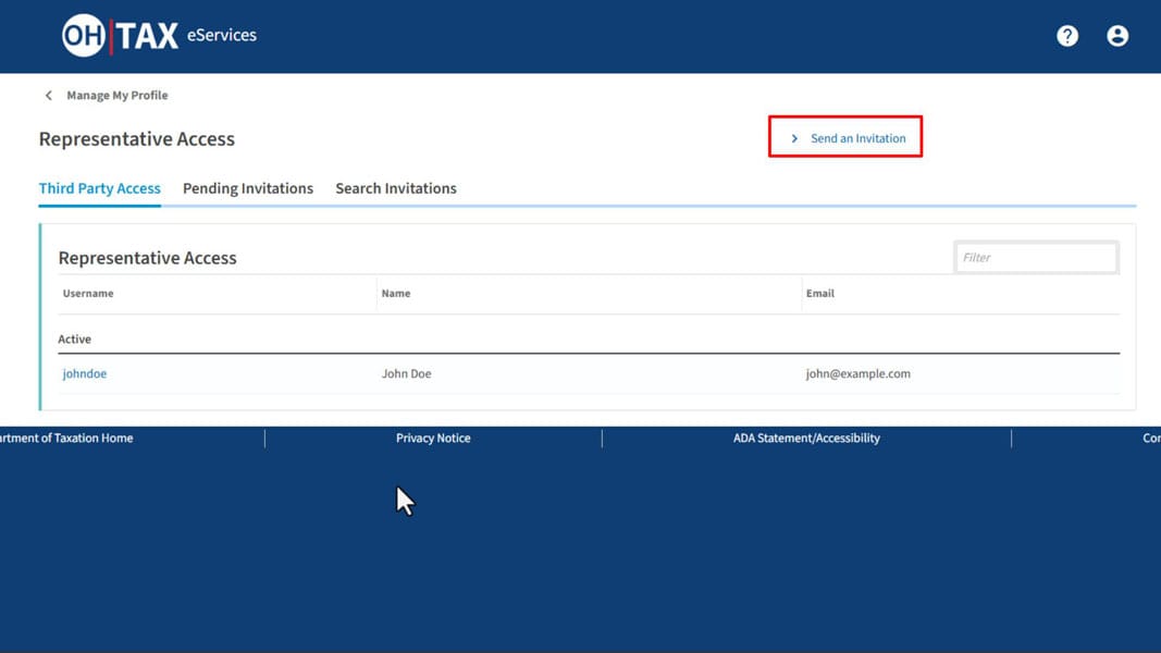 Representative Access page with Send an Invitation highlighted