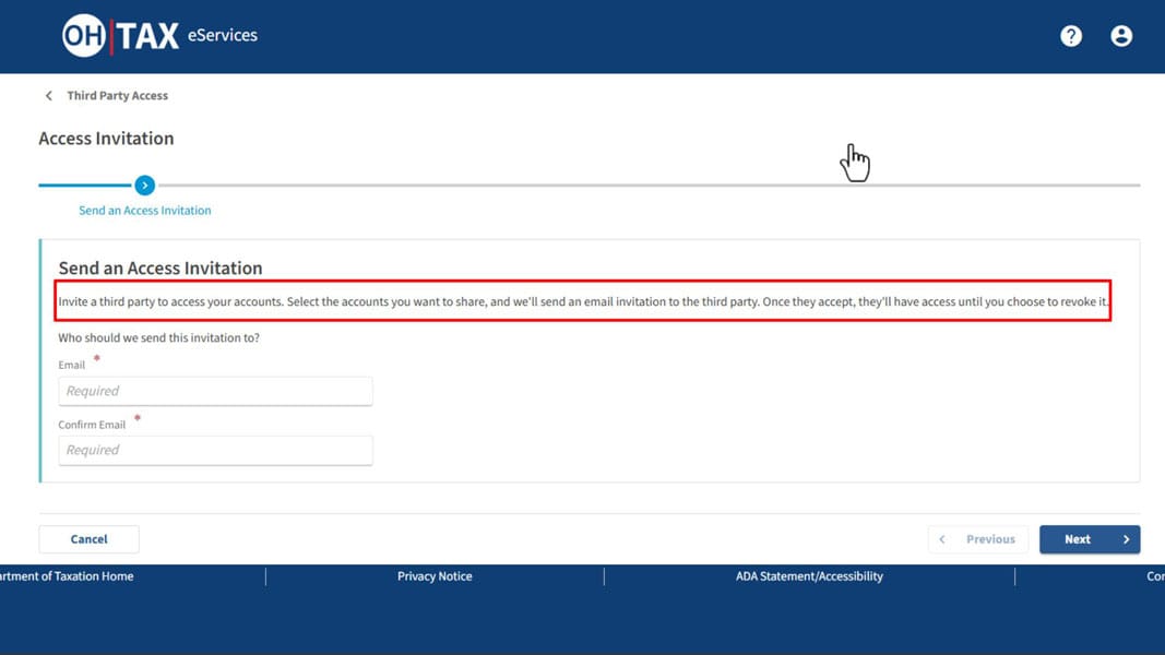 Send an Access Invitation page with email and confirm email fields