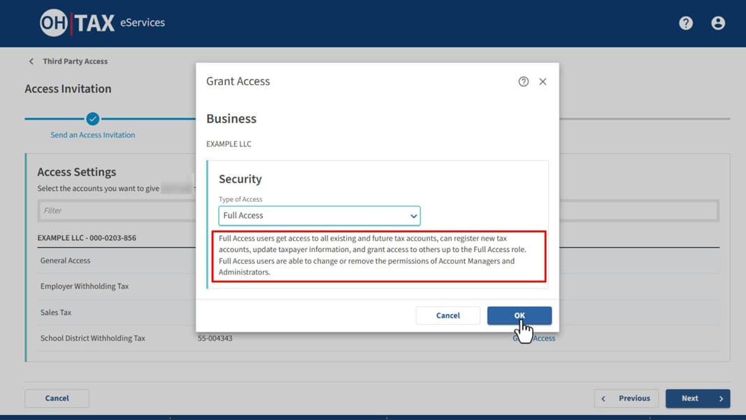 Grant Access window with Full Access selected and its description