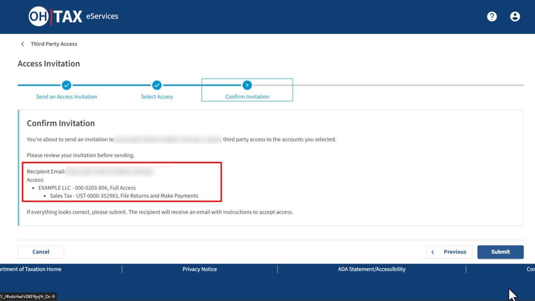 Confirm Invitation page listing the access being granted