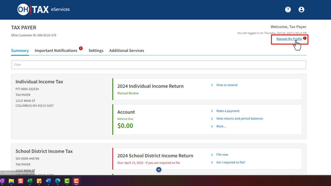 OH|TAX eServices individual dashboard with Manage My Profile highlighted