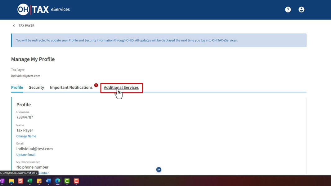 Manage My Profile page with the Additional Services tab highlighted