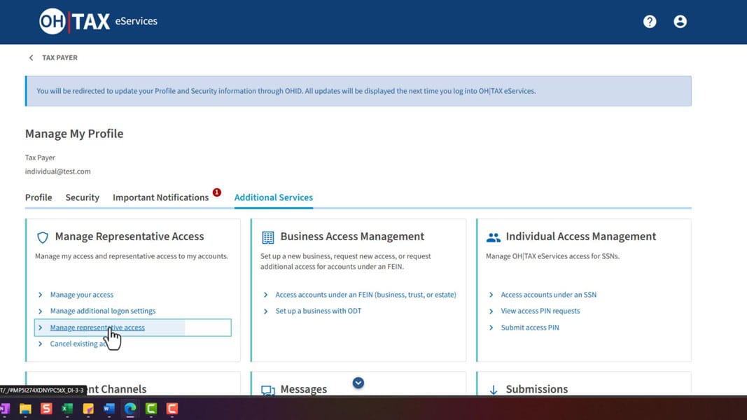 Additional Services tab showing the Manage representative access link