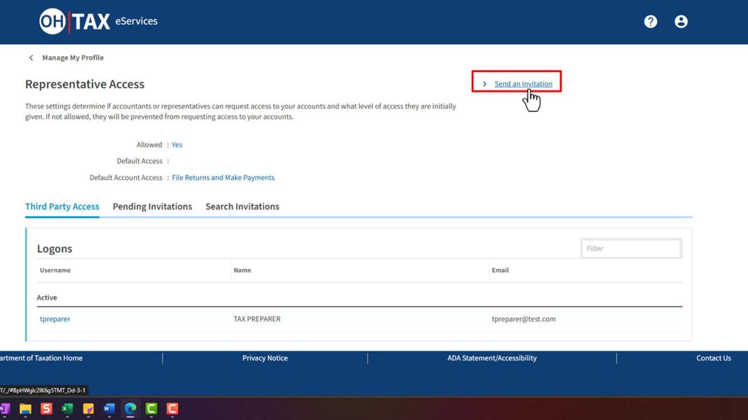Representative Access page with Send an Invitation highlighted