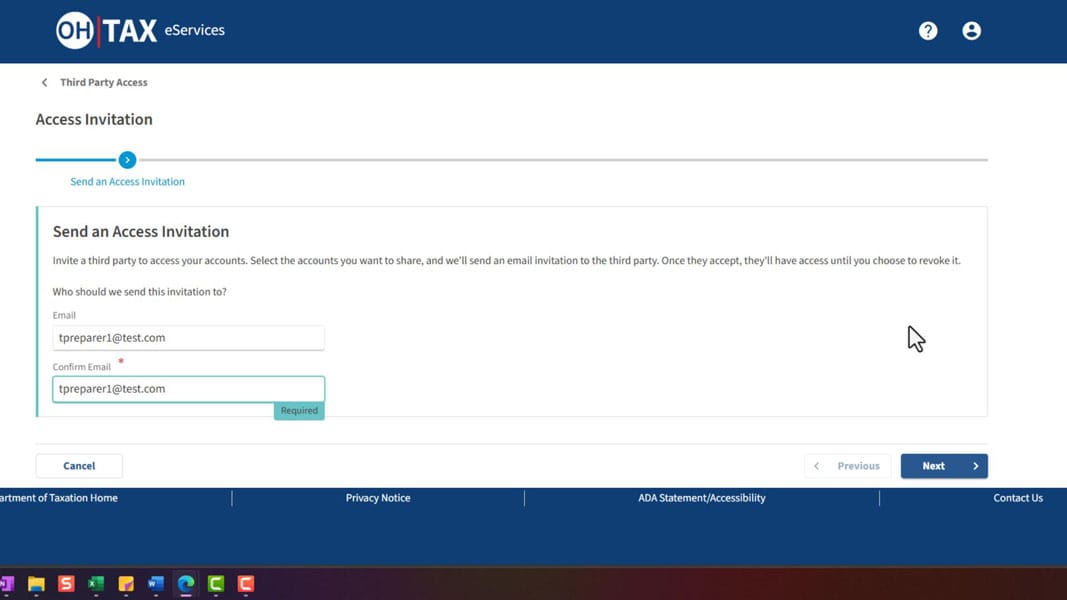 Send an Access Invitation page with email and confirm email fields