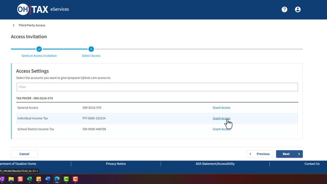 Access Settings page with Grant Access links next to each tax account