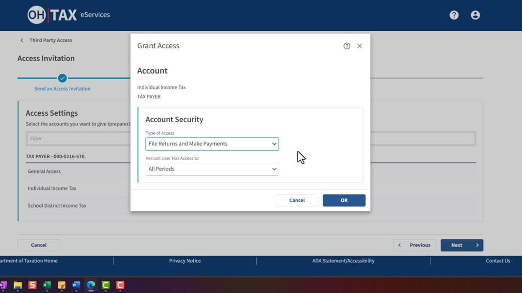 Grant Access window with File Returns and Make Payments and All Periods selected