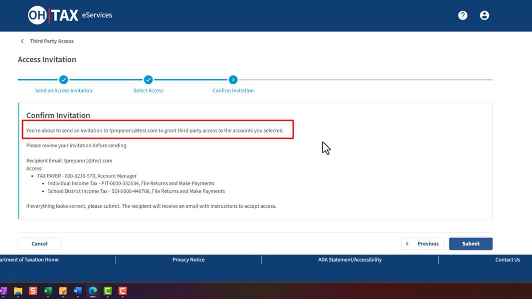 Confirm Invitation page before submitting