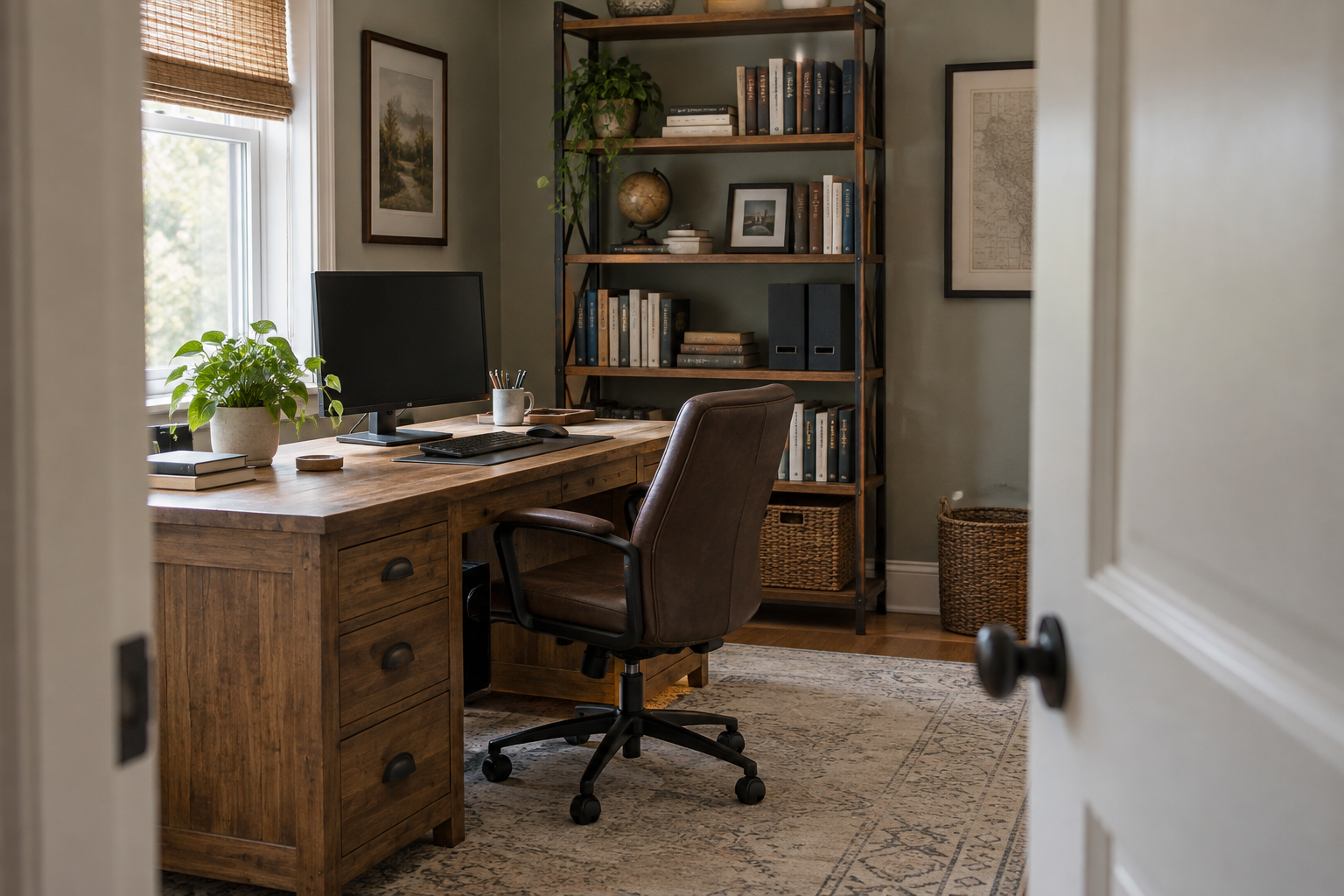 A dedicated home office with a desk, computer, chair, and bookshelves.