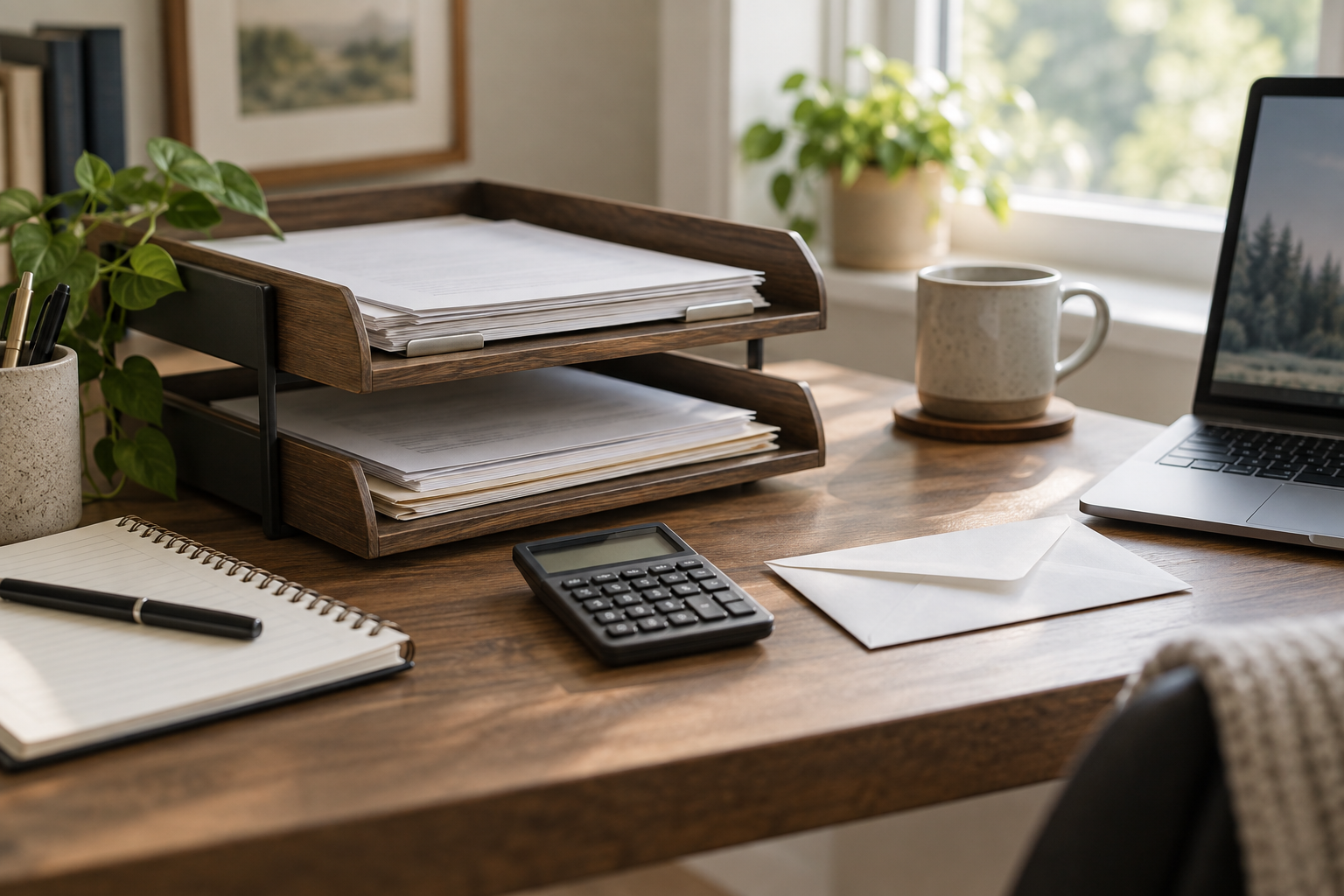 Organized paperwork, a calculator, and an envelope beside a laptop.