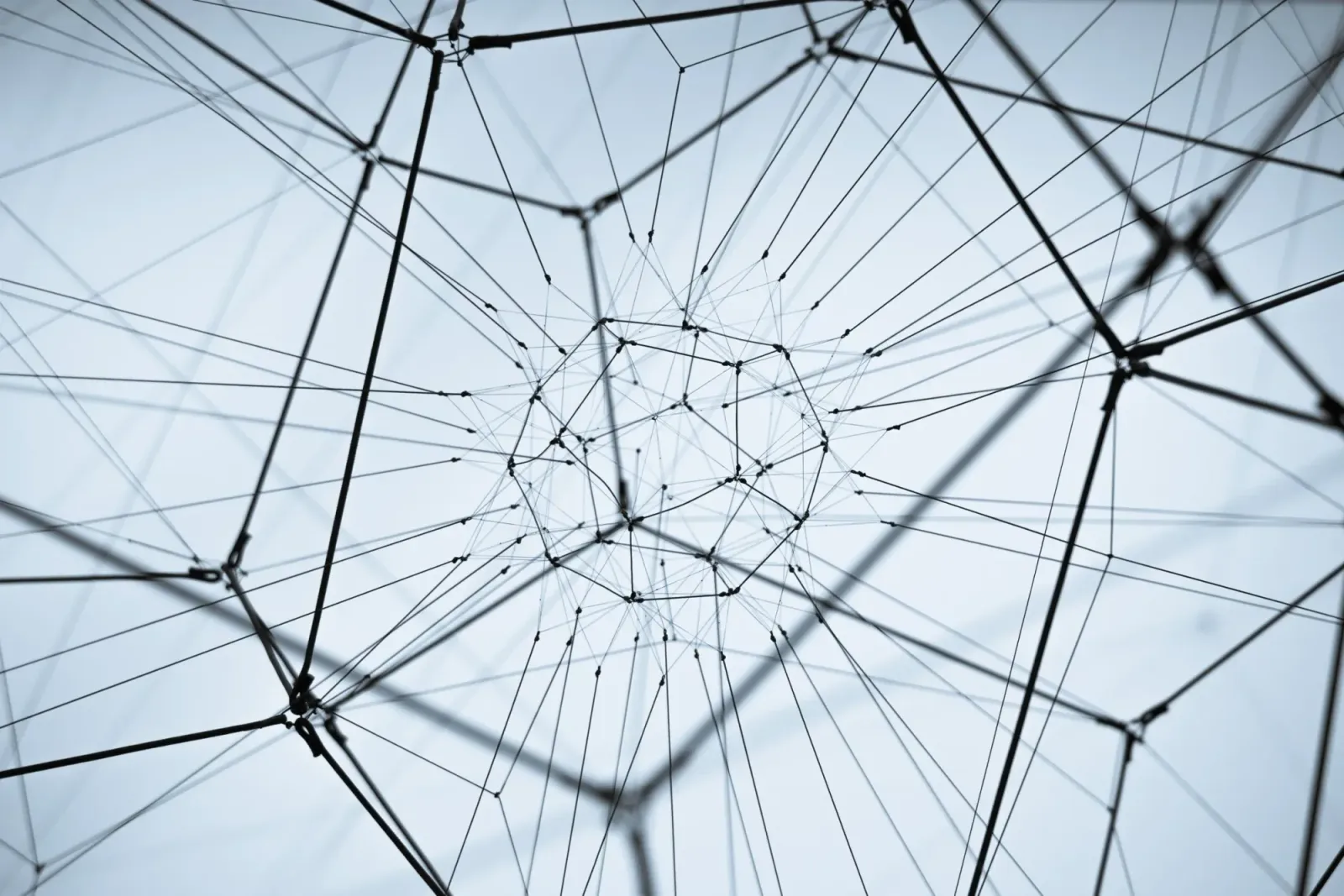 An abstract network of connected lines and nodes against a pale sky.