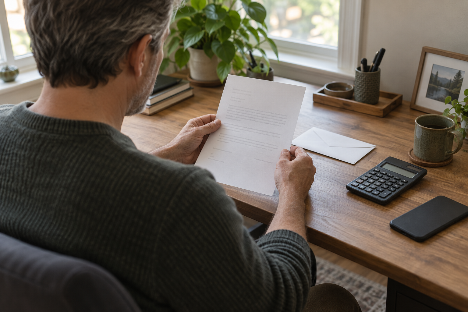 A person reviewing a letter at a desk with an envelope, calculator, and phone.