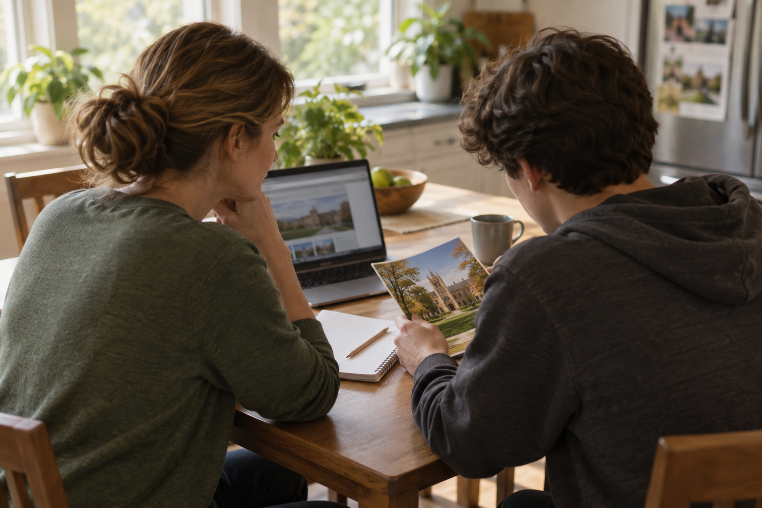 A parent and teenager looking at college information together at a kitchen table.