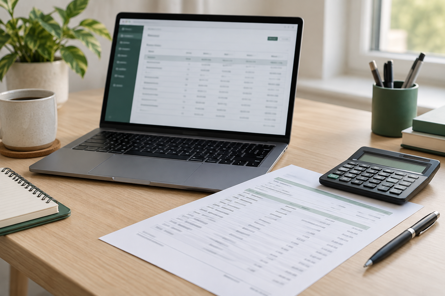 Illustration of a bookkeeping workspace with a laptop, sample bank statement, calculator, and pen.