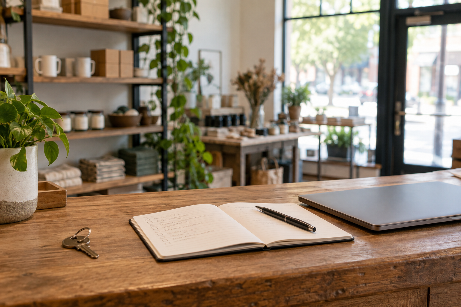 A notebook, keys, and laptop on the counter of a small shop.