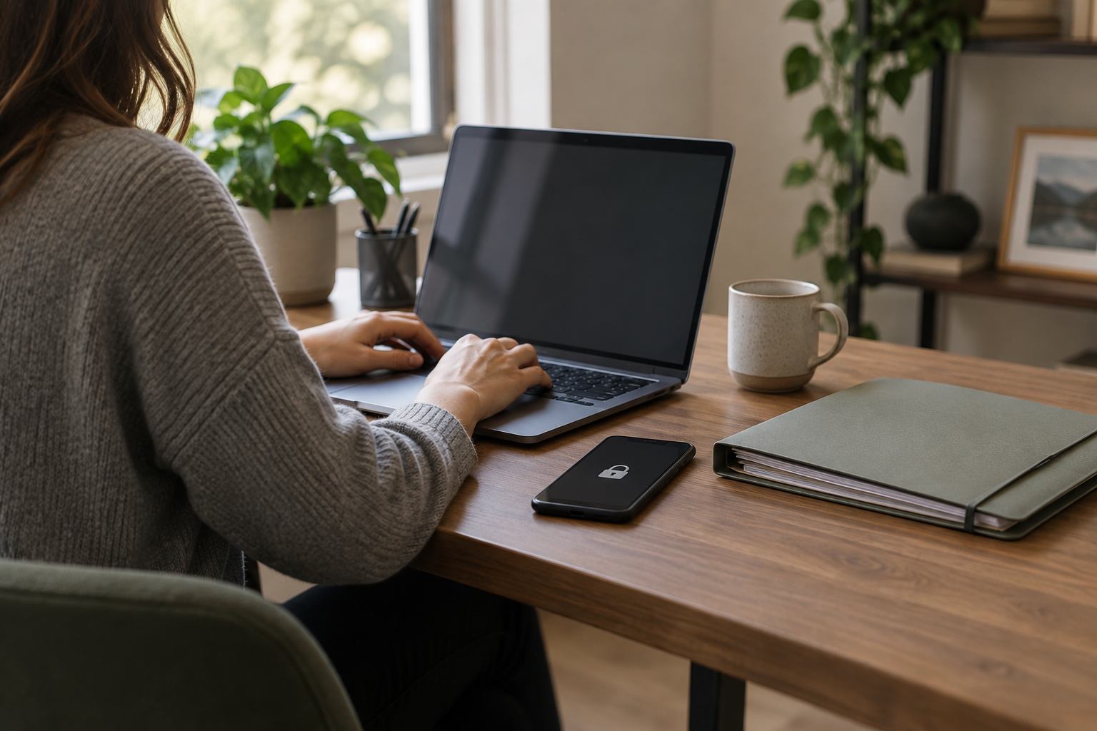A person using a laptop beside a phone with a lock symbol and a closed folder.