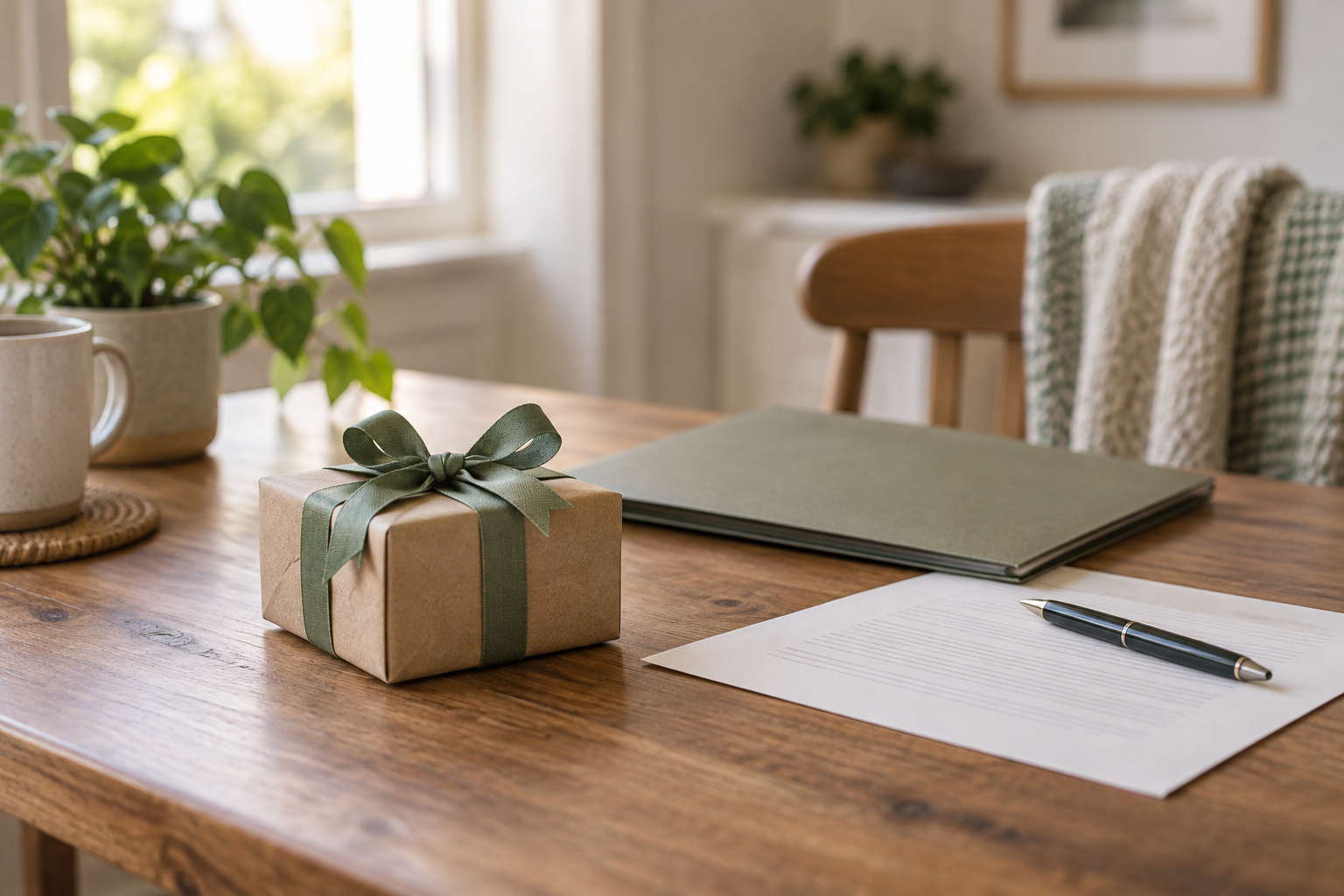 A small wrapped gift beside a folder, paper, and pen on a table.